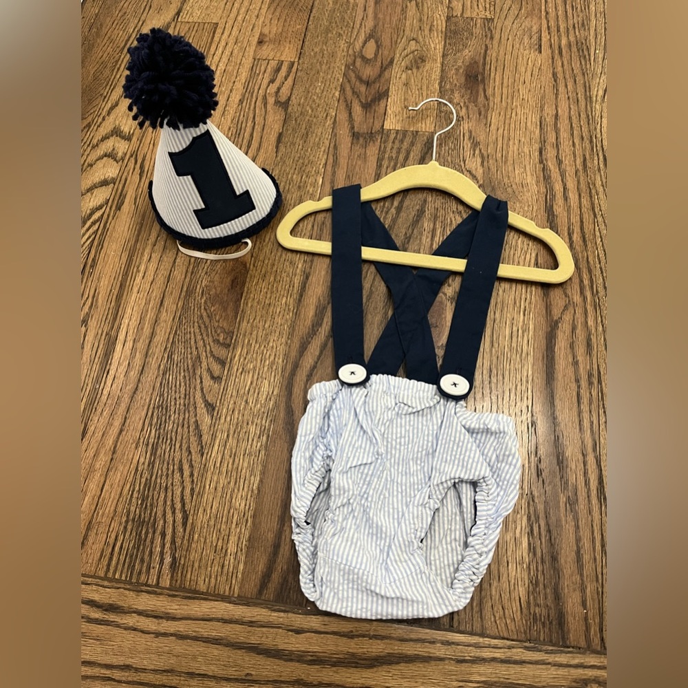 Baby Blue Seersucker First Birthday outfit- diaper cover and hat